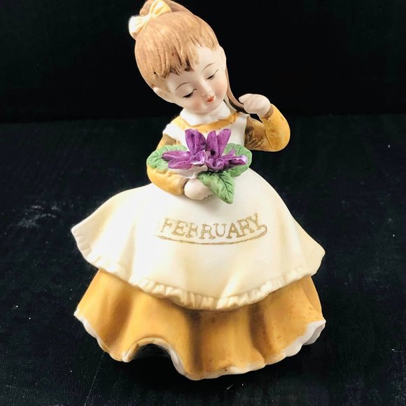 Vintage Bisque Porcelain Lefton February Girl Ponytail Violets Girl of the Month - Picture 9 of 9